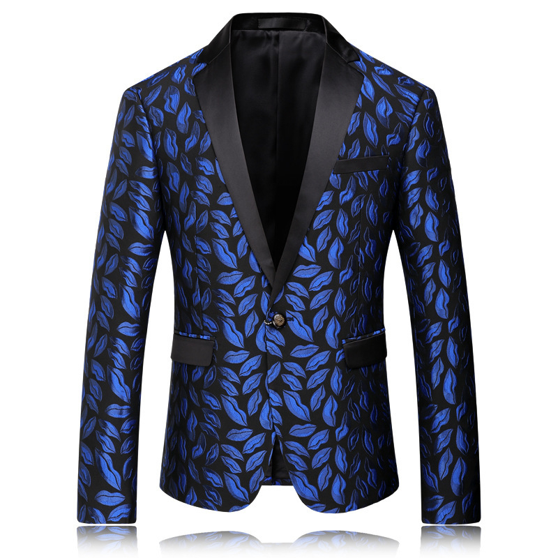Férfi slim fit kosztümkabát levél jacquard mintával, koreai stílus, egygombos lezárás, hosszú ujjú, őszi-téli szezonhoz