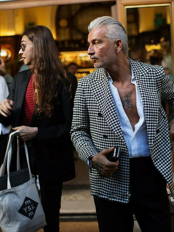Férfi téli dzseki houndstooth mintázatú, nagy méret, dupla gombos, formális-kosztüm stílusú