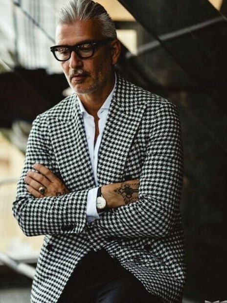 Férfi téli dzseki houndstooth mintázatú, nagy méret, dupla gombos, formális-kosztüm stílusú
