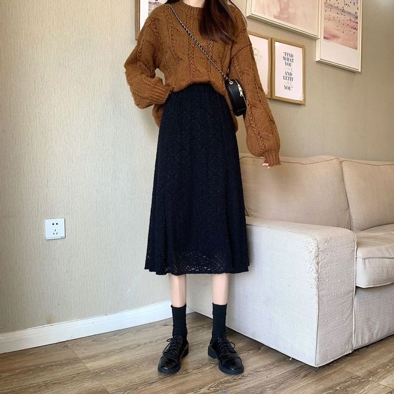 Csipkés A-vonalú női midi szoknya, ősz-tél, midi hossz, 150 cm, kis testalkathoz, magas derék, karcsúsító hatás, sokoldalú, 2026 új modell