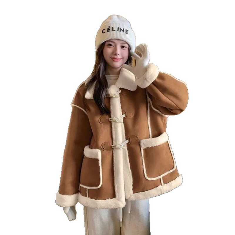Női báránybőr shearling kabát, téli 2025, kis méret, zöld, agancsgombokkal, vastag gyapjúbéléses, pamutba töltött kabát