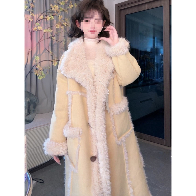 Női shearling kabát koreai stílusban, középhosszú, téli 2025