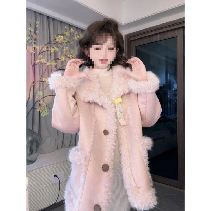 Női shearling kabát koreai stílusban, középhosszú, téli 2025