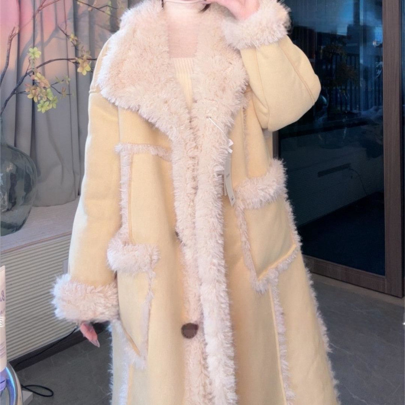 Női shearling kabát koreai stílusban, középhosszú, téli 2025