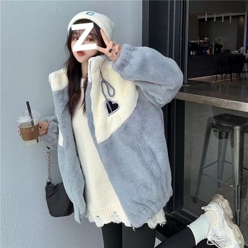 Női color-block shearling dzseki, laza szabású, rövid hossz, fleece bélés, állógalléros, cipzáras zárás