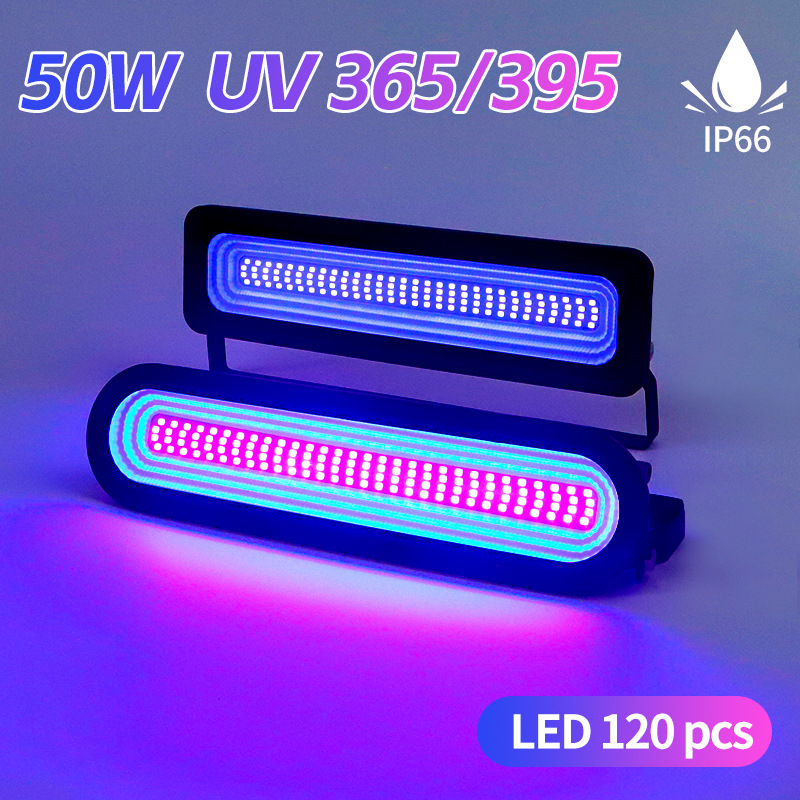 UV προβολέας 365/395 nm για πήξη ρητίνης και φθορισμός σε σκηνή, φωτισμός 50W, IP66, μήκος 30 см