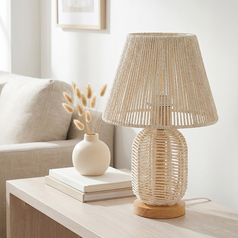 Rattan állólámpa szőtt labdával – rusztikus, természetes nappali világítás, wabi-szabi stílus