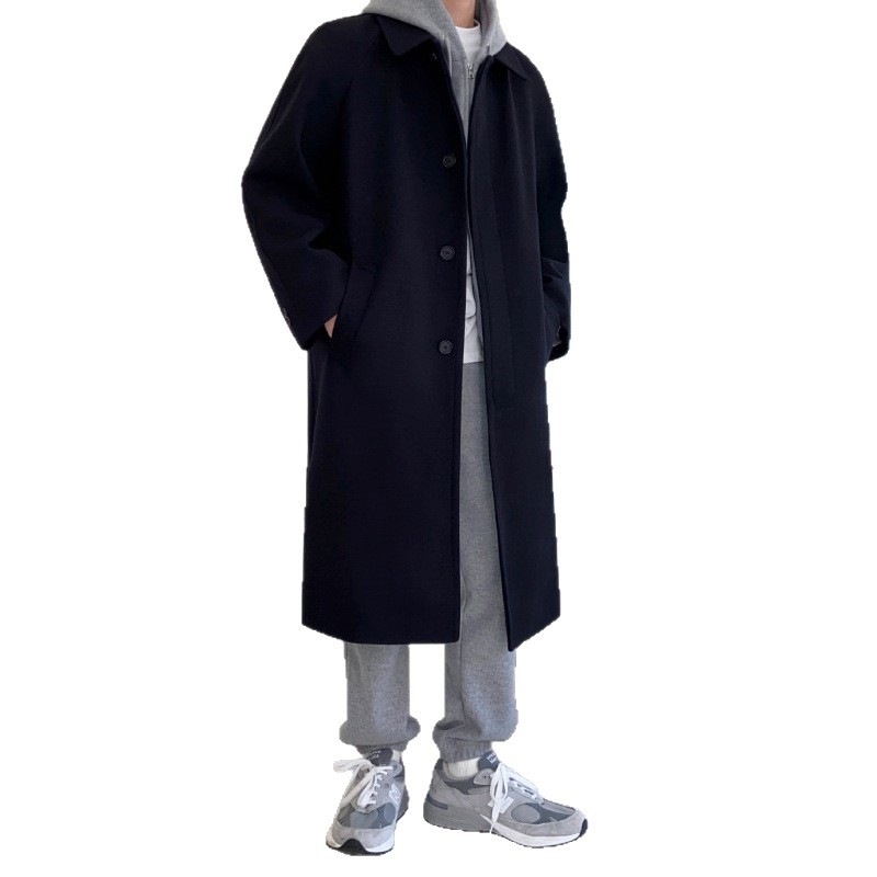 Palton masculin de lungime medie pentru iarnă, din lână, cu rever, croială lejeră, stil coreean
