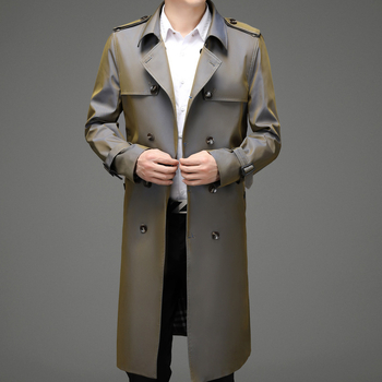 Férfiak számára hosszú, térd fölé érő trench coat koreai stílusban, lazán szabott, övvel, zakószerű gallérral, kapucni nélkül, őszi-tavaszi mindennapi kabát