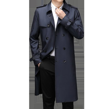 Férfiak számára hosszú, térd fölé érő trench coat koreai stílusban, lazán szabott, övvel, zakószerű gallérral, kapucni nélkül, őszi-tavaszi mindennapi kabát