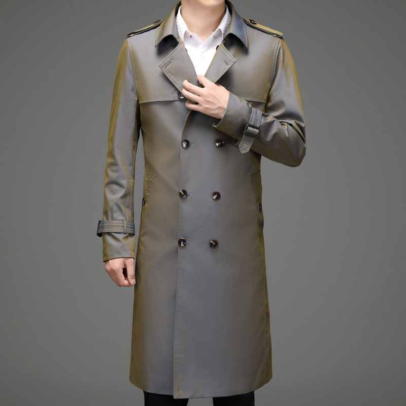 Férfiak számára hosszú, térd fölé érő trench coat koreai stílusban, lazán szabott, övvel, zakószerű gallérral, kapucni nélkül, őszi-tavaszi mindennapi kabát
