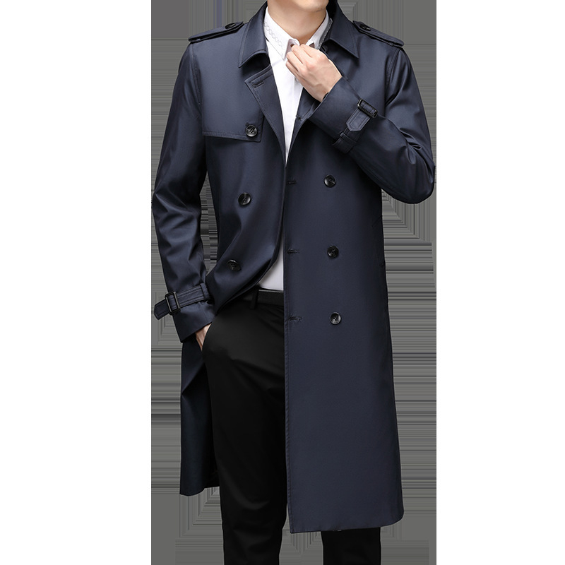 Férfiak számára hosszú, térd fölé érő trench coat koreai stílusban, lazán szabott, övvel, zakószerű gallérral, kapucni nélkül, őszi-tavaszi mindennapi kabát