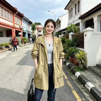 Női középhosszú trench kapucnival, koreai stílusú casual slim fit, poliészter, egyszínű, hosszú ujjak, zipzár, 2026 tavasz