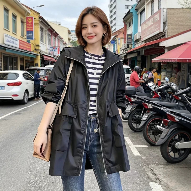Női középhosszú trench kapucnival, koreai stílusú casual slim fit, poliészter, egyszínű, hosszú ujjak, zipzár, 2026 tavasz