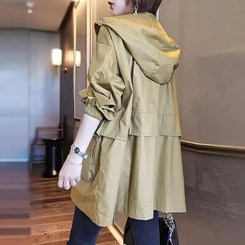 Női középhosszú trench kapucnival, koreai stílusú casual slim fit, poliészter, egyszínű, hosszú ujjak, zipzár, 2026 tavasz