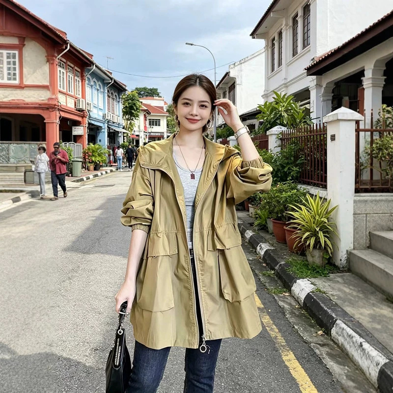 Női középhosszú trench kapucnival, koreai stílusú casual slim fit, poliészter, egyszínű, hosszú ujjak, zipzár, 2026 tavasz