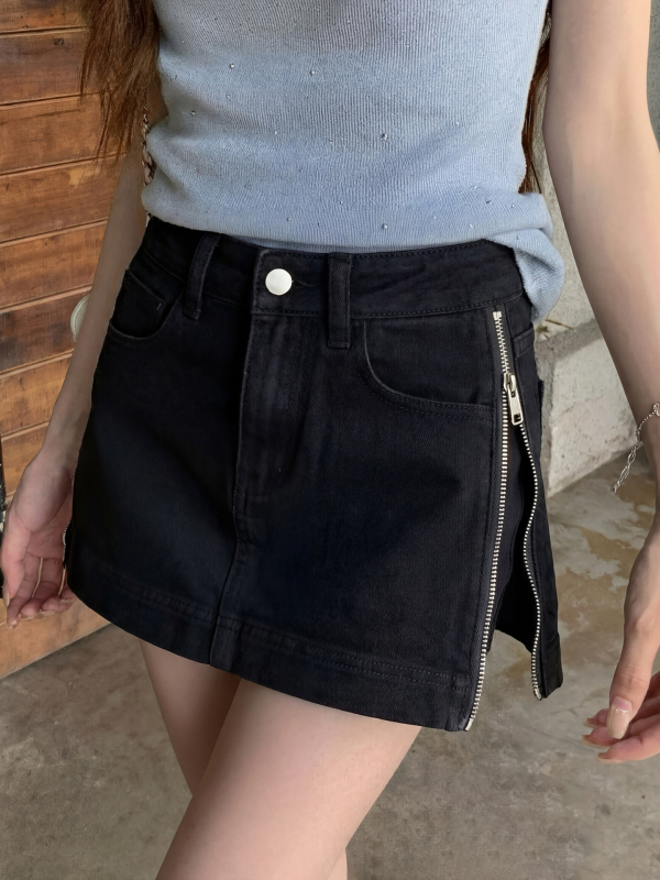 Női denim szoknya, kétoldali cipzárral, A-vonalú, testhez álló fazon, nyár 2026, koreai casual stílus