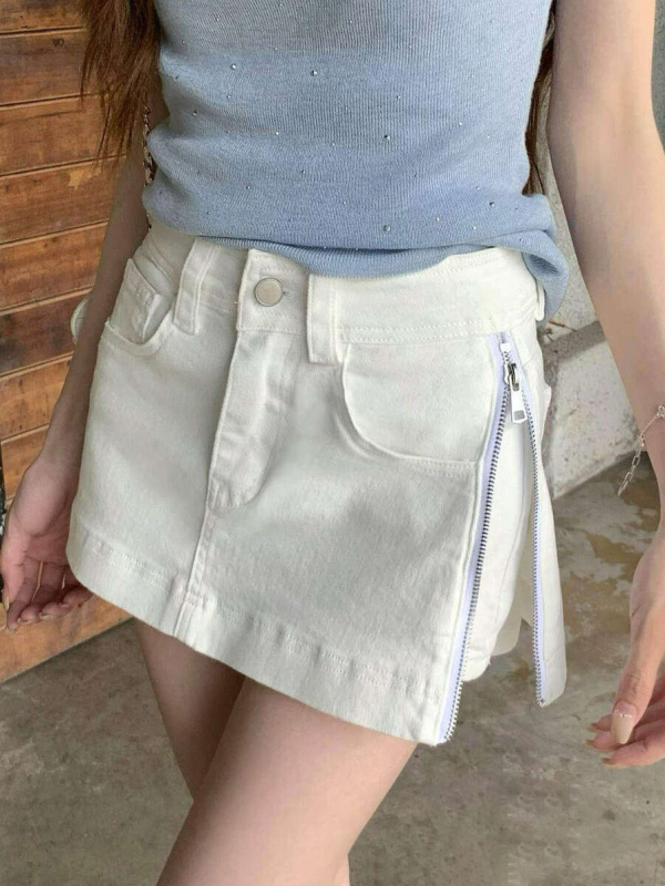 Női denim szoknya, kétoldali cipzárral, A-vonalú, testhez álló fazon, nyár 2026, koreai casual stílus