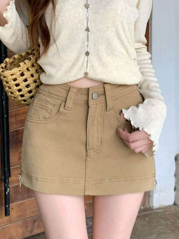 Női denim szoknya, kétoldali cipzárral, A-vonalú, testhez álló fazon, nyár 2026, koreai casual stílus