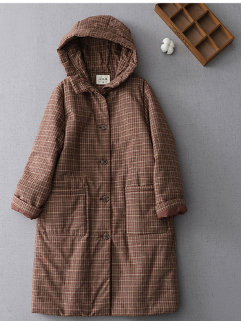 Női vintage pamutkabát kockás mintával, téli modell, laza szabás, nagy méret, vastag bélelt, álló gallérral