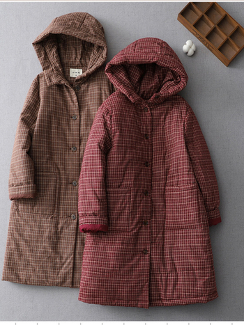 Női vintage pamutkabát kockás mintával, téli modell, laza szabás, nagy méret, vastag bélelt, álló gallérral