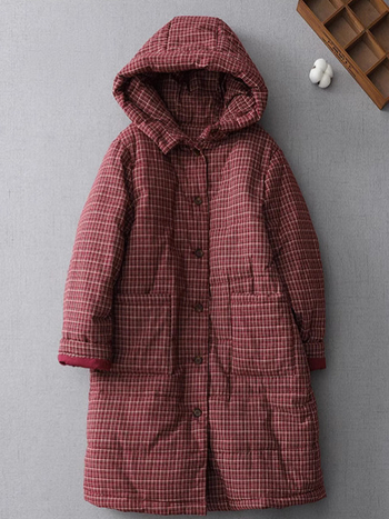 Női vintage pamutkabát kockás mintával, téli modell, laza szabás, nagy méret, vastag bélelt, álló gallérral