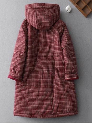 Női vintage pamutkabát kockás mintával, téli modell, laza szabás, nagy méret, vastag bélelt, álló gallérral