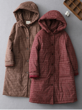 Női vintage pamutkabát kockás mintával, téli modell, laza szabás, nagy méret, vastag bélelt, álló gallérral