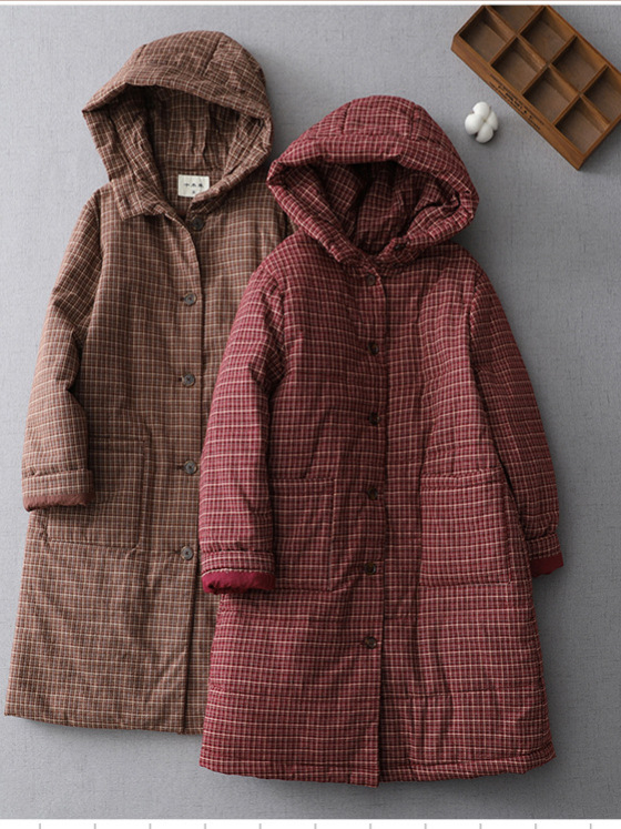 Női vintage pamutkabát kockás mintával, téli modell, laza szabás, nagy méret, vastag bélelt, álló gallérral