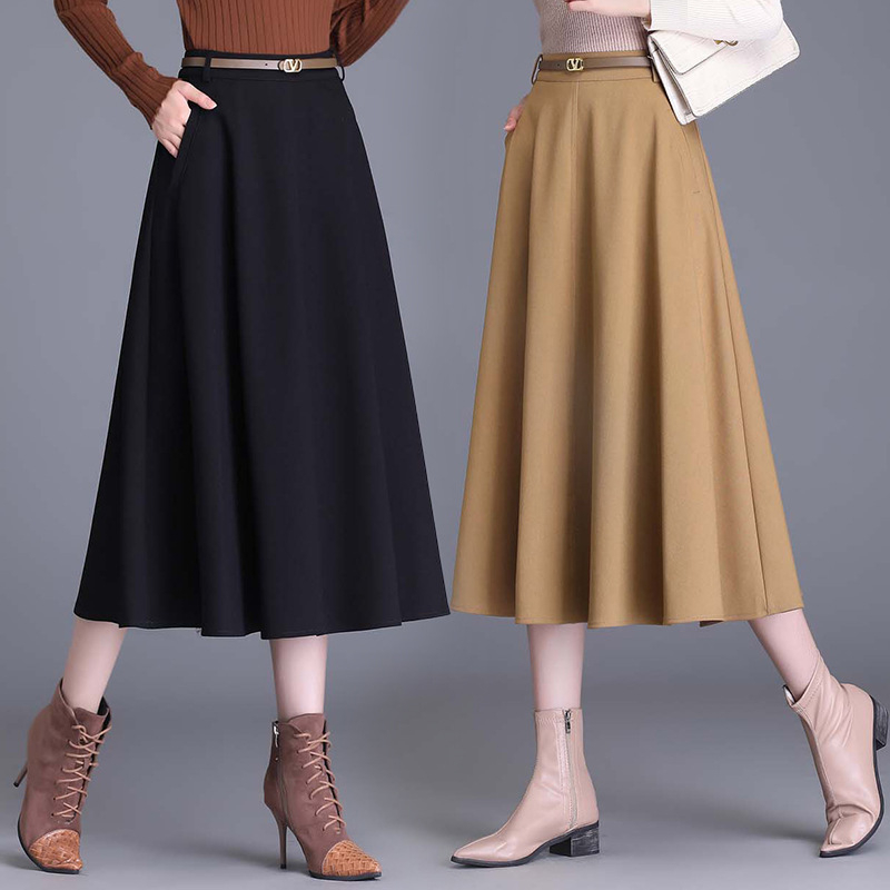 Női A-vonalú midi szoknya mulberry selyemből, magas derekú, koreai stílusú, elegáns és karcsúsító fazon
