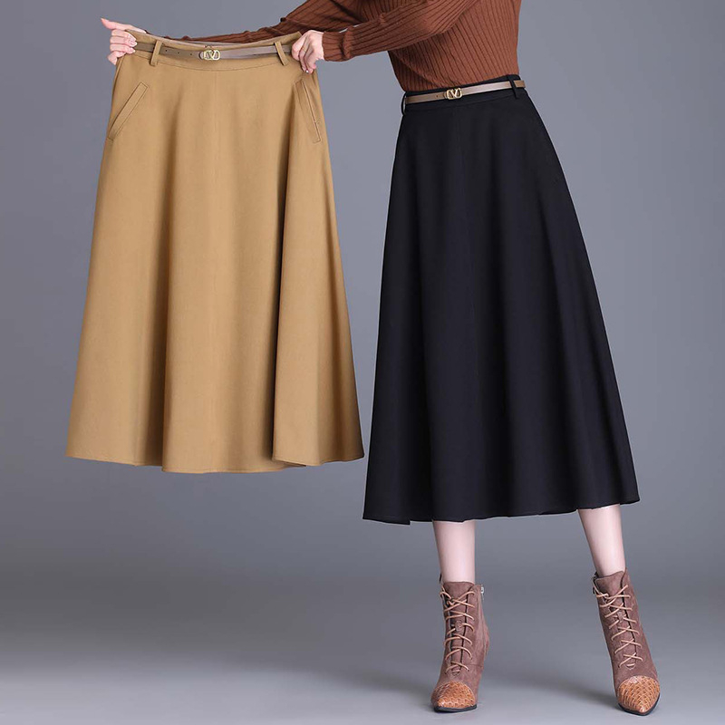 Női A-vonalú midi szoknya mulberry selyemből, magas derekú, koreai stílusú, elegáns és karcsúsító fazon