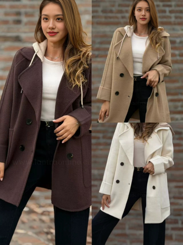 Női koreai stílusú patchwork kapucnis gyapjú kabát, középhosszú, két sor gomb, laza és sokoldalú, elegáns ingázó kabát