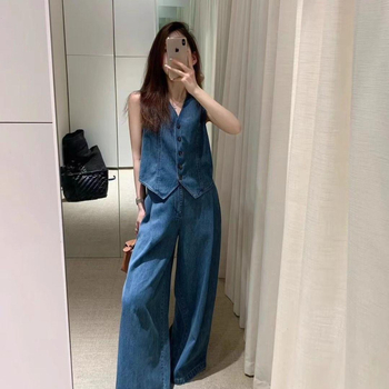 Nyári denim mellény-stílusú felső és hozzá illő térd alá érő szoknya szett, 2025-ös új modell, egyedi dizájn nőknek