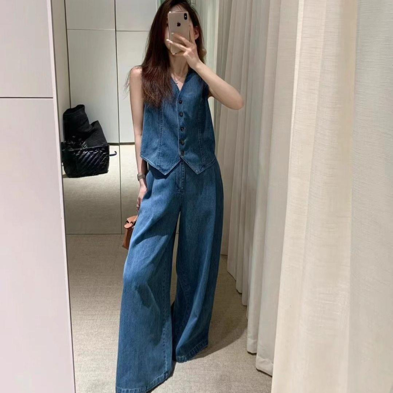 Nyári denim mellény-stílusú felső és hozzá illő térd alá érő szoknya szett, 2025-ös új modell, egyedi dizájn nőknek