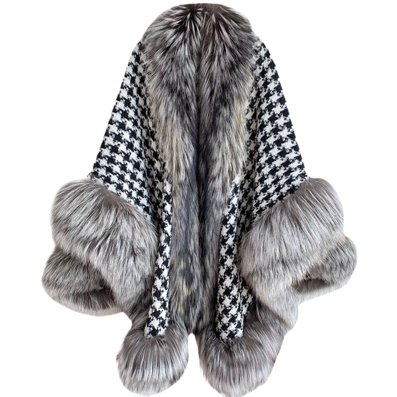 Női műszőrme kabát, 2026-os modell, houndstooth mintás, vastagított, kétoldalas viselés, elegáns sál-köpeny téli viselethez