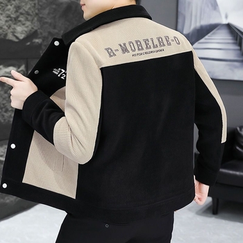 Férfi corduroy dzseki fleece bélés, vastag téli, koreai stílusú karcsúsított szabású, színblokkal rendelkező blazer