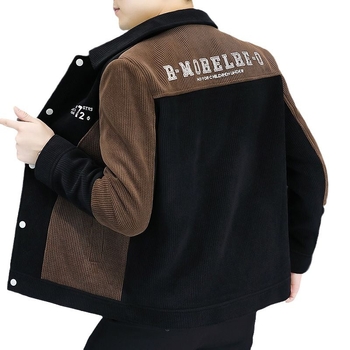 Férfi corduroy dzseki fleece bélés, vastag téli, koreai stílusú karcsúsított szabású, színblokkal rendelkező blazer