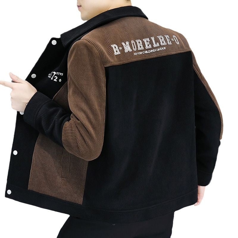 Férfi corduroy dzseki fleece bélés, vastag téli, koreai stílusú karcsúsított szabású, színblokkal rendelkező blazer