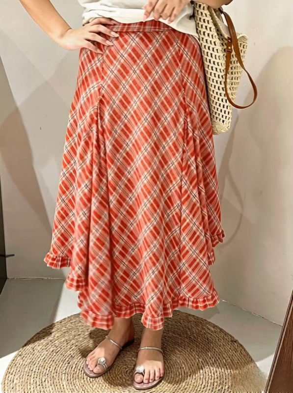 Φούστα midi για plus size με ακανόνιστο βολάν στο τελείωμα, vintage καρό, καλοκαίρι 2026
