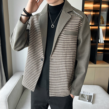 Férfi houndstooth színblokkal ellátott gyapjú dzseki