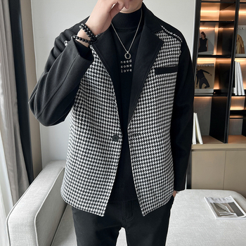 Férfi houndstooth színblokkal ellátott gyapjú dzseki