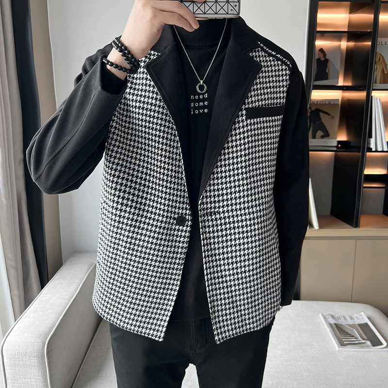 Férfi houndstooth színblokkal ellátott gyapjú dzseki