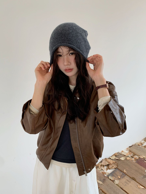Dámska krátka vintage bunda z PU kože, hnedá, retro štýl Hong Kong, jesenný ležérny kabát, štvorcový golier, dlhé rukávy