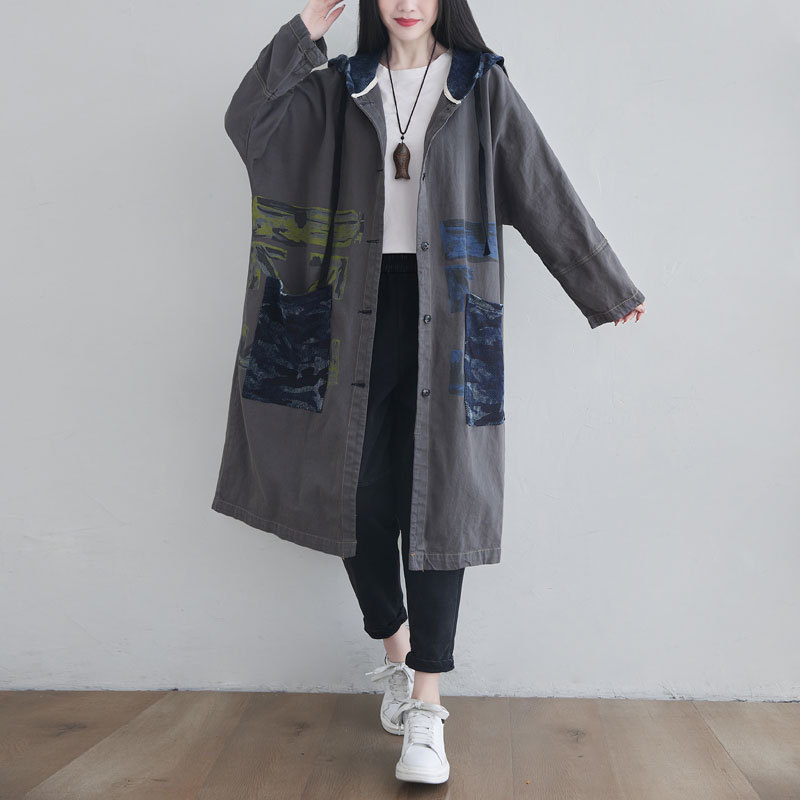 Jarná nová vetrovka s kapucňou, veľkou veľkosťou a netopierími rukávmi, jednoradová bunda/kardigan z materiálu Distressed Washed