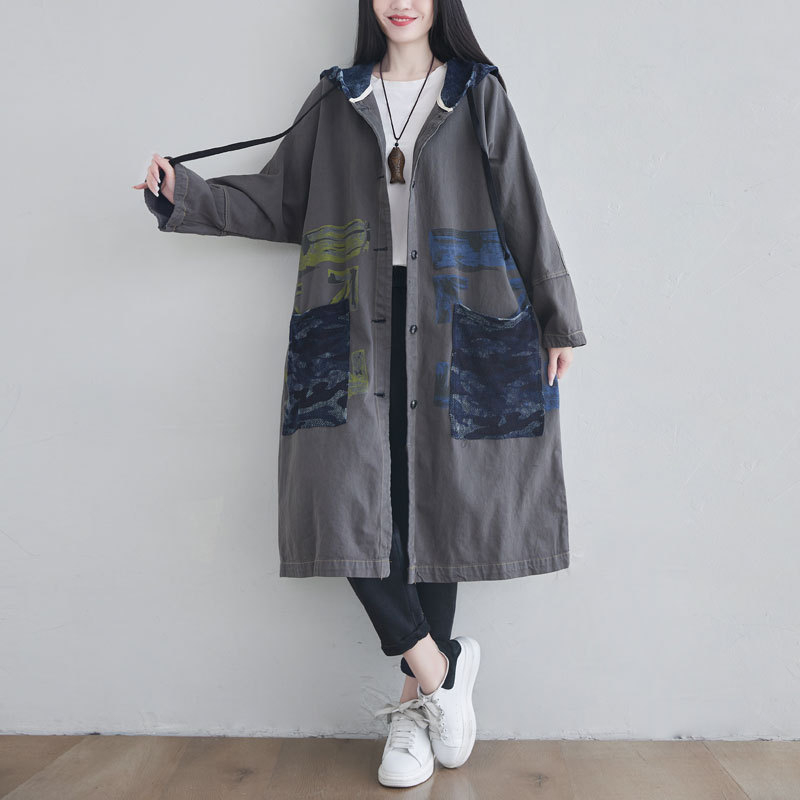 Jarná nová vetrovka s kapucňou, veľkou veľkosťou a netopierími rukávmi, jednoradová bunda/kardigan z materiálu Distressed Washed