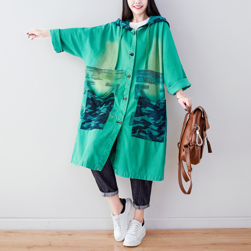 Jarná nová vetrovka s kapucňou, veľkou veľkosťou a netopierími rukávmi, jednoradová bunda/kardigan z materiálu Distressed Washed