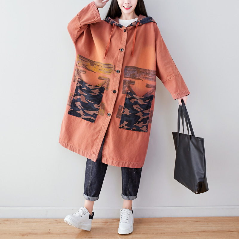 Jarná nová vetrovka s kapucňou, veľkou veľkosťou a netopierími rukávmi, jednoradová bunda/kardigan z materiálu Distressed Washed