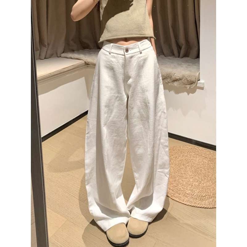 Női fehér pamut-lin nadrág, kosztüm-stílus, magas derekú, széles szárú, nyár 2026