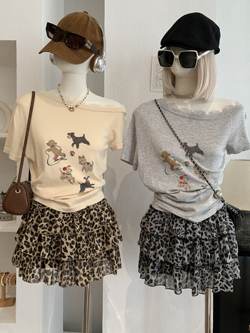 KEKEZOON Leopárdmintás, magas derekú, A-vonalú réteges szoknya, nyári retró stílus, 7591