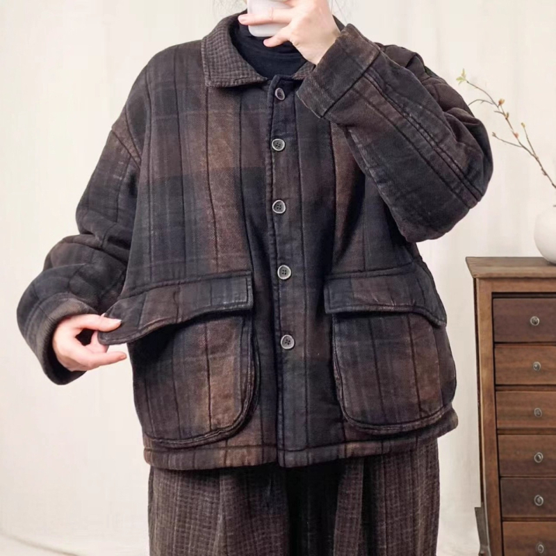 Női téli pamut kabát diagonális szövetű kockás mintával, szabad szabású, plusz méret, melegen bélelt, vintage árnyalat